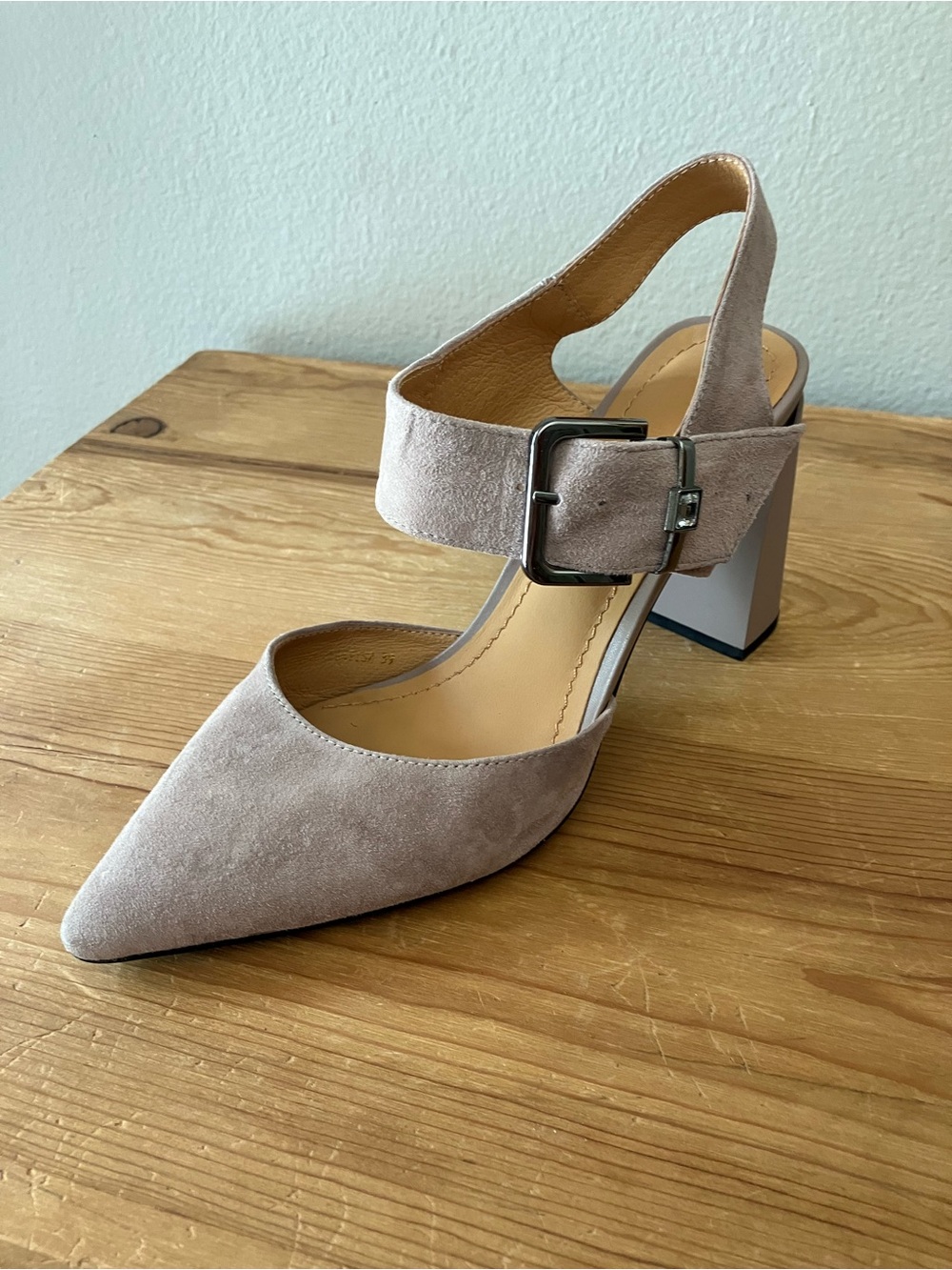 EPICA Women Beige Suede Pointed Toe Slingback Heels Buckle Ankle Strap 8.5